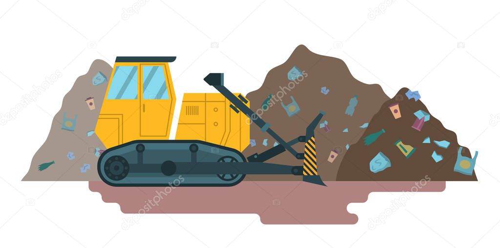 Cartoon Color Bulldozer for Garbage Cleaning. Vector