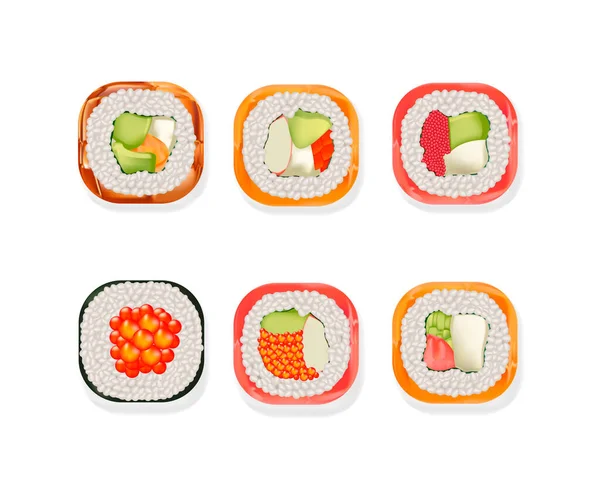 Realista detallado 3d sushi japonés conjunto de alimentos. Vector — Vector de stock