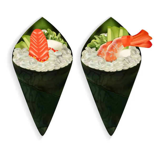 Realista detalhada 3d temaki sushi japonês conjunto de alimentos. Vetor — Vetor de Stock