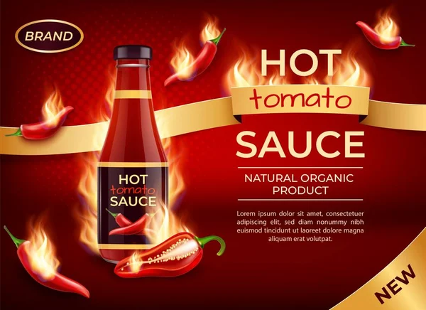 Realistische detaillierte 3D Hot Tomato Sauce Ads Banner Konzept Posterkarte. Vektor — Stockvektor