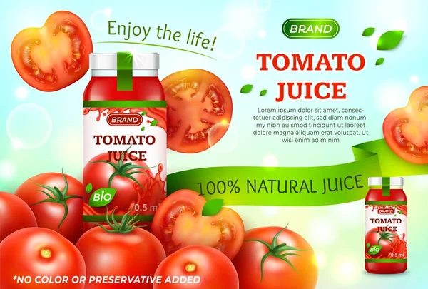 リアルな詳細3Dナチュラルトマトジュース広告バナーコンセプトポスターカード。ベクトル — ストックベクタ