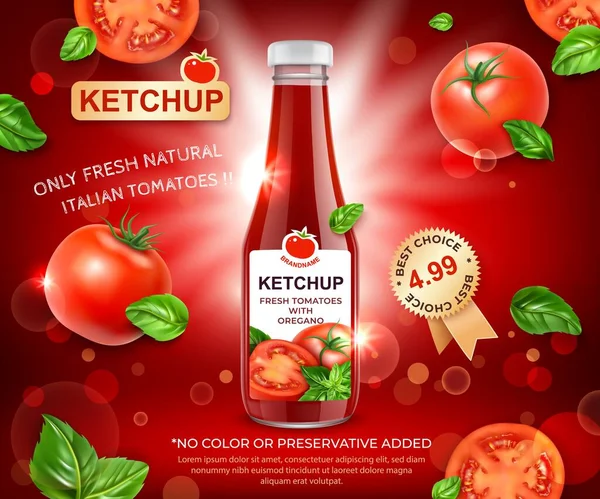 Realistische detaillierte 3D Ketchup Frische Tomaten mit Oregano Werbebanner Konzept Posterkarte. Vektor — Stockvektor