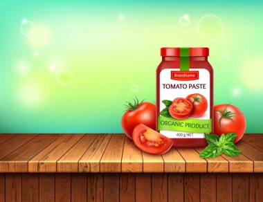 Gerçekçi Detaylı Domates Ezmesi ve Kırmızı Domates ve Basil Yaprakları. Vektör
