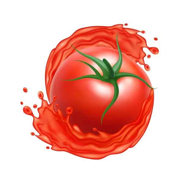 Realistica dettagliata 3d pomodoro rosso con succo di spruzzo. Vettore — Vettoriale Stock