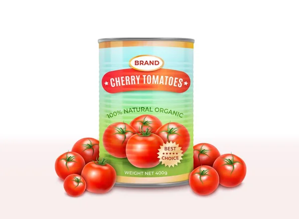 現実的な詳細3D缶詰チェリートマト缶とレッドトマトセット。ベクトル — ストックベクタ