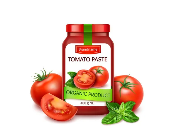 現実的な詳細3D自然トマト熟した赤いトマトスライスで貼り付ける,全体と緑のバジルの葉.ベクトル — ストックベクタ