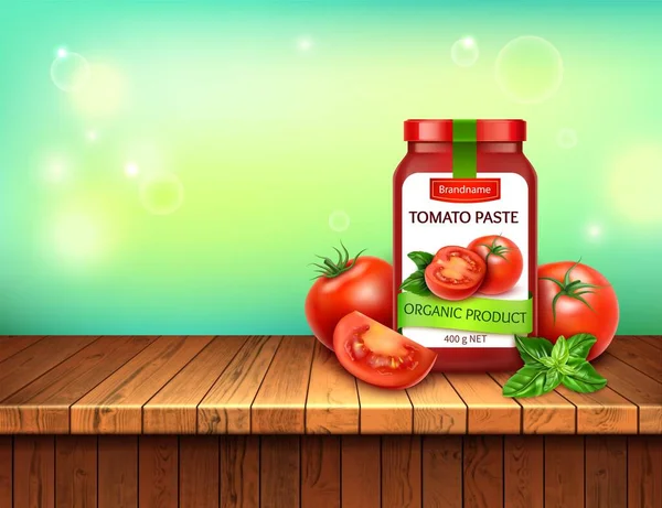 Realistic Detailed 3d Natural Tomatoes Paste with Red Tomato and Basil Leaves. Вектор — стоковий вектор