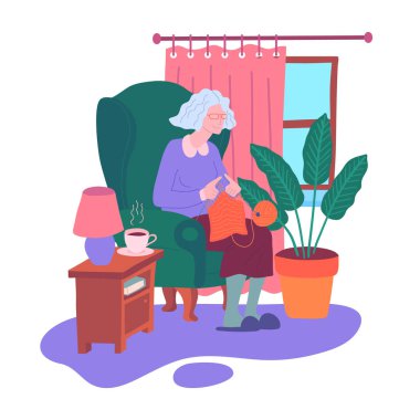 Cartoon Color Character Person Senior Woman Knits Concept. Vector
