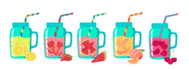Cartoon Color Various Tasty Sodas Icons Set. Vector