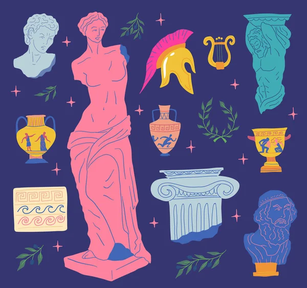 카툰 컬러 다양 한 Antique Statues Icons Set. Vector — 스톡 벡터