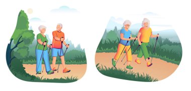 Çizgi film Renk Karakterleri Yaşlılar ve Spor Konsepti. Vektör