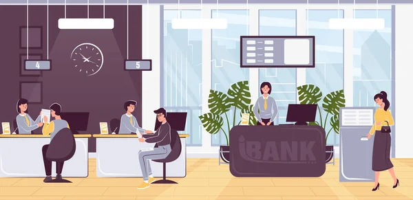 Tecknad färg tecken Människor och Bank Office Interiör Inside Concept. Vektor — Stock vektor