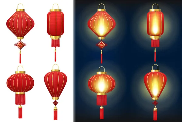 Realista detallado 3d rojo chino linternas conjunto. Vector — Vector de stock