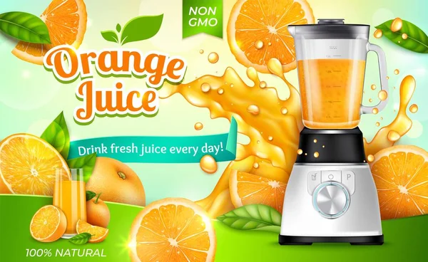 Realista detalló el jugo de naranja 3d con la tarjeta eléctrica del cartel del concepto de la bandera de los anuncios del exprimidor. Vector — Vector de stock