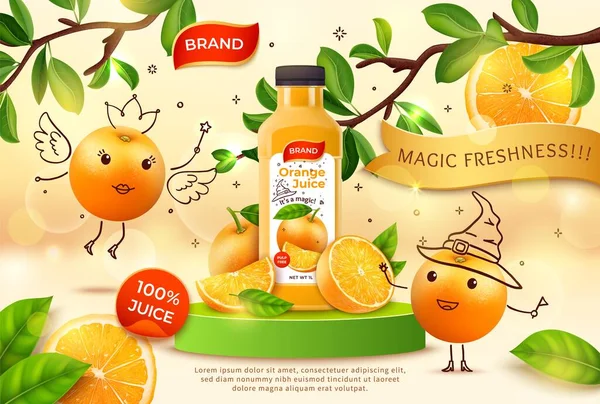 Realistyczny Szczegółowy 3d Sok pomarańczowy Plastikowe butelki Ogłoszenia Baner Concept Poster Card. Wektor — Wektor stockowy