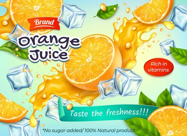 Realistische detaillierte 3D Orangensaft mit Splash Freshness Drink Ads Banner Konzept Posterkarte. Vektor — Stockvektor