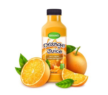 Gerçekçi Detaylı Portakal Suyu Plastik Şişe ve Citrus Fruit. Vektör