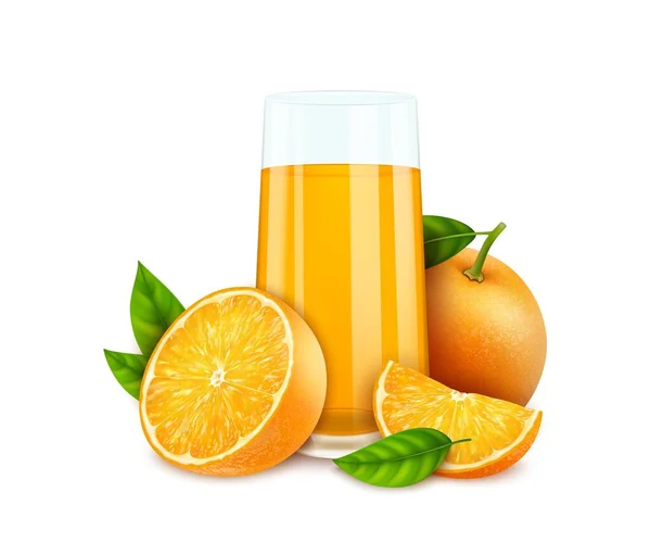 Realistický 3d skleněný pohár pomerančové šťávy s citrusovým ovocem. Vektor — Stockový vektor