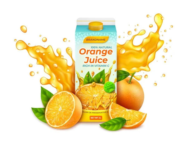 Realistico pacchetto dettagliato 3d succo d'arancia con agrumi e spruzzi. Vettore — Vettoriale Stock