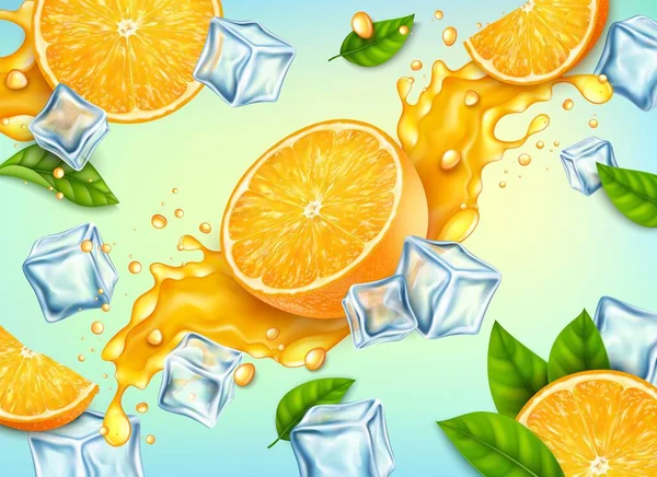 Realistické podrobné 3d Half Fresh Orange s pozadím splash Juice. Vektor — Stockový vektor