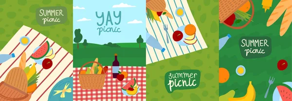 Cartoon Color Summer Picnic Concept Banner Poster Card Set. Διάνυσμα — Διανυσματικό Αρχείο