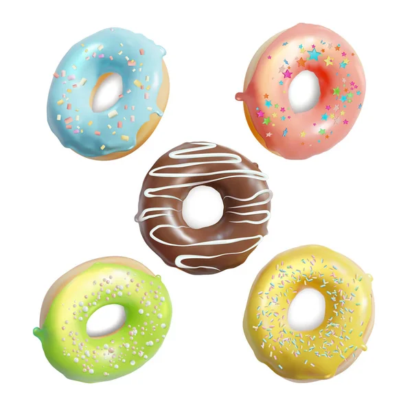 Realista detalhou 3d diferente vidros coloridos Donuts Set. Vetor —  Vetores de Stock