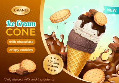 Gerçekçi Detaylı 3 boyutlu Çikolatalı Çıtır Kurabiye Dondurma Konisi Afiş Kartı. Vektör