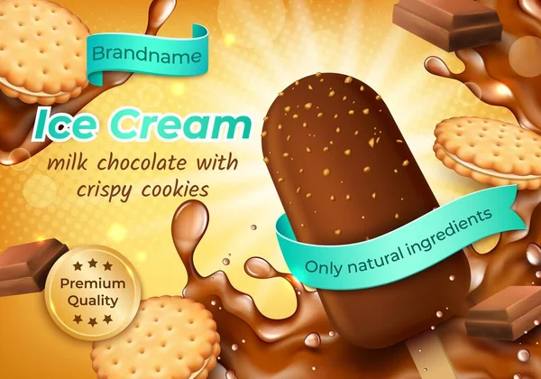 Realista detalhada 3d chocolate com biscoitos crocantes Ice Cream Ads Banner Concept Poster Card. Vetor — Vetor de Stock