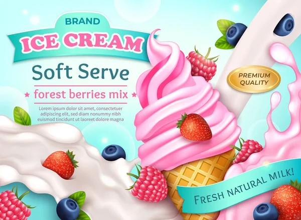 Realistische detaillierte 3D Forest Berries Mix Ice Cream Cone Soft Serve Ads Banner Konzept Poster Card. Vektor — Stockvektor