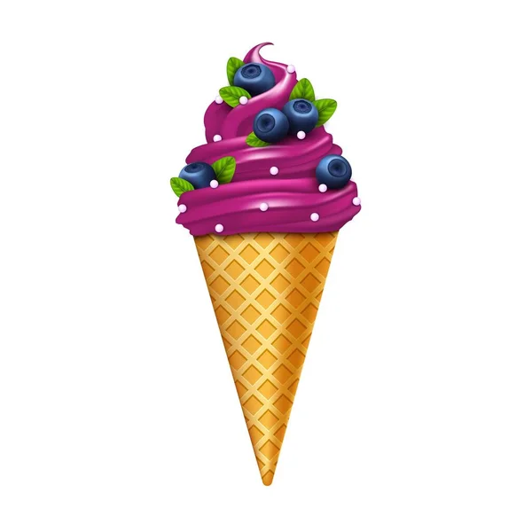 Cono de helado de bayas jugosas 3d detalladas realistas. Vector — Vector de stock