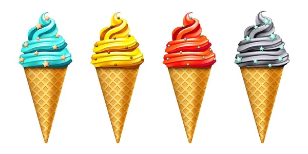 Conjunto de cono de helado de diferentes colores 3d detallado realista. Vector — Vector de stock