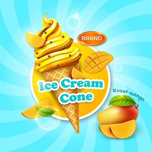 Realistische detaillierte 3D Sweet Mango Ice Cream Cone Ads Banner Konzept Posterkarte. Vektor — Stockvektor