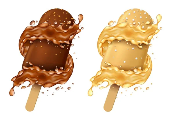 現実的な詳細3Dアイスクリームとスプラッシュセット。ベクトル — ストックベクタ