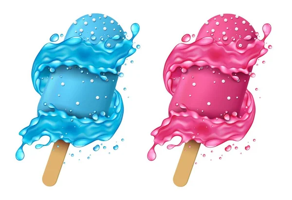 Realista detallado 3d Sorbete de frutas helado y salpicaduras conjunto. Vector — Vector de stock