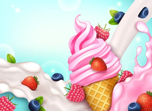 Realistisch Gedetailleerde 3D Bos Bessen Mix Ice Cream Cone Soft Serve Concept Achtergrond Kaart. Vector — Stockvector