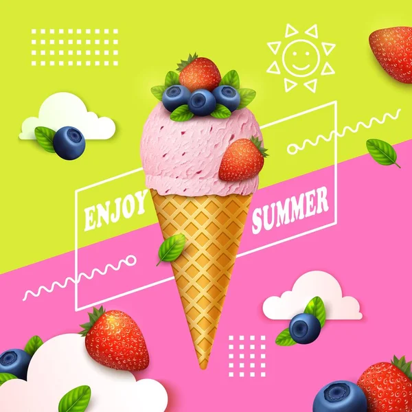 Ρεαλιστική Λεπτομερής 3d παγωτό Απολαύστε το καλοκαίρι Ads Banner Concept Αφίσα κάρτα. Διάνυσμα — Διανυσματικό Αρχείο