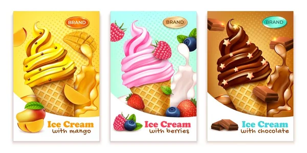 Realist detaliat 3d Ice Cream Cone Ads Banner Concept Poster Card Set. Vector — Vector de stoc