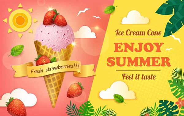 Realista detalhada 3d sorvete com morango desfrutar de anúncios de verão Banner Concept Poster Card. Vetor —  Vetores de Stock