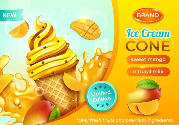Realistische detaillierte 3D Sweet Mango Ice Cream Cone Horizontal Ads Banner Konzept Posterkarte. Vektor — Stockvektor