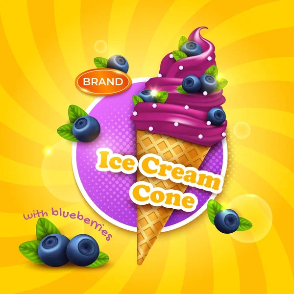 Realistische detaillierte 3D Juicy Berries Ice Cream Cone Ads Banner Concept Poster Card. Vektor — Stockvektor