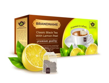 Gerçekçi Detaylı Limon Kabuğu Konseptli Klasik 3 boyutlu Siyah Çay. Vektör