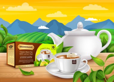 Gerçekçi Ayrıntılı 3d Limon Kabuğu Afiş Şablon Poster Kartıyla Klasik Kara Çay. Vektör