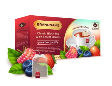 Gerçekçi Detaylı Orman Böğürtlenli Klasik Siyah Çay. Vektör