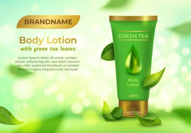 Yeşil Çay Yapraklı Gerçekçi Detaylı Vücut Losyonu Afiş Şablonu Poster Kartı. Vektör