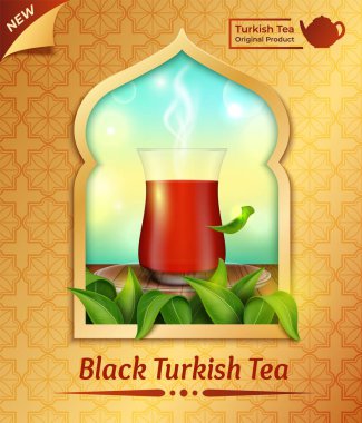 Gerçekçi Detaylı 3d Siyah Türk Çayı Özgün Ürün Kavramı Arkaplanı. Vektör