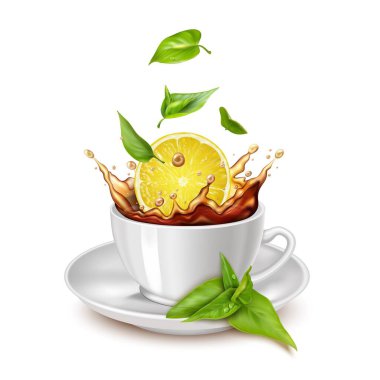 Gerçekçi Detaylı Limon Dilimi Çay Fincanına Düşüyor. Vektör