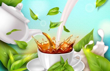 Gerçekçi Detaylı Taze Süt Konsepti Arkaplanlı 3D Siyah Çay. Vektör