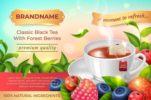 Realisztikus részletes 3D-s klasszikus fekete tea erdei bogyókkal Ads Banner Concept Plakát Kártya. Vektor — Stock Vector