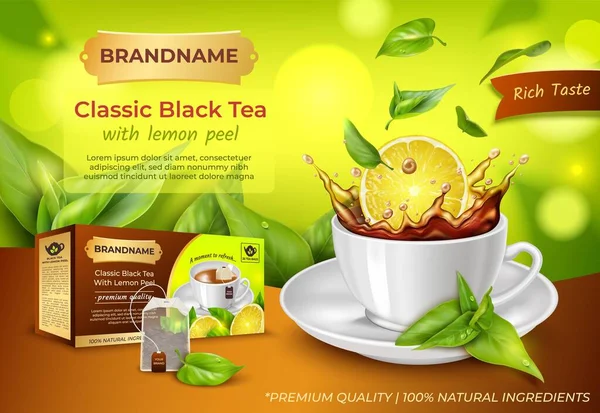 Gerçekçi Detaylı Limon Kabuğu Afiş Poster Kartıyla Klasik Siyah Çay. Vektör