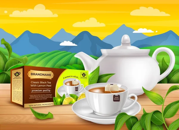 Gerçekçi Ayrıntılı 3d Limon Kabuğu Afiş Şablon Poster Kartıyla Klasik Kara Çay. Vektör